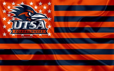UTSAロードランナーズ, アメリカンフットボール, 創造的なアメリカの旗, オレンジ-ブルーのフラグ, 全米大学体育協会, サンアントニオ, テキサス, アメリカ, UTSAロードランナーズのロゴ, エンブレム, シルクフラッグ, フットボール