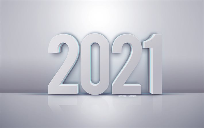2021 Ano Novo, letras 3D brancas, fundo Branco 2021, arte 3D 2021, fundo 3D 2021 branco, Feliz Ano Novo 2021, 2021 conceitos