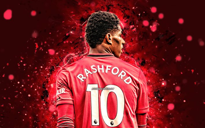 Marcus Rashford, 4k, taustan&#228;kym&#228;, Manchester United FC, englanti jalkapalloilijat, Valioliiga, punainen neon valot, jalkapallo, Marcus Rashford 4K, Man United