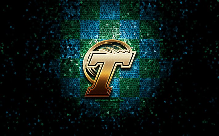 Tulane Green Wave, logo glitter, NCAA, sfondo a scacchi verde blu, USA, squadra di football americano, logo Tulane Green Wave, arte del mosaico, football americano, America