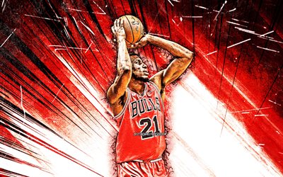 Thaddeus Young, 4k, grunge art, dunk, Chicago Bulls, NBA, basketball, USA, Thaddeus Young Chicago Bulls, red abstract rays, creative, Thaddeus Young 4K