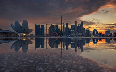 Singapore, sera, tramonto, grattacieli, panorama di Singapore, paesaggio urbano moderno, grattacieli di Singapore