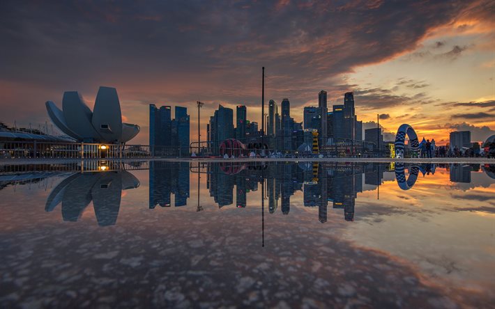 Singapore, ilta, auringonlasku, pilvenpiirt&#228;j&#228;t, Singaporen panoraama, moderni kaupunkikuva, Singaporen pilvenpiirt&#228;j&#228;t