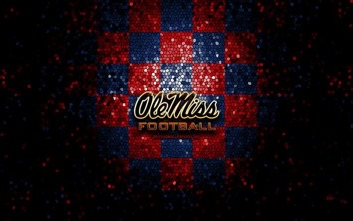 Ole Miss Rebels, glitter logo, NCAA, r&#246;dbl&#229; rutig bakgrund, USA, amerikansk fotbollslag, Ole Miss Rebels logo, mosaikkonst, amerikansk fotboll, Amerika
