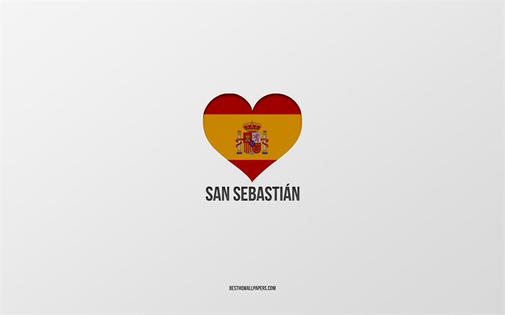 San Sebastian&#39;ı seviyorum, İspanyol şehirleri, gri arka plan, İspanyol bayraklı kalp, San Sebastian, İspanya, favori şehirler, San Sebastian seviyorum