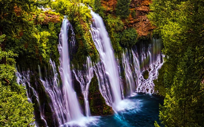 Calif&#243;rnia, 4k, cachoeira de ver&#227;o, penhascos, bela natureza, EUA, Am&#233;rica