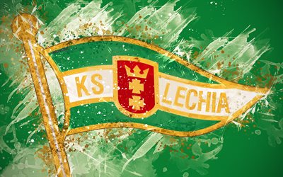 Lechia Gdansk, 4k, paint art, logo, creative, Polish football team, Ekstraklasa, emblem, green background, grunge style, Gdansk, Poland, football