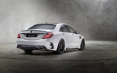 Mercedes-Benz S63 AMG, 2018, Mansory, new white S63, tuning, rear view, exterior, German cars, Mercedes
