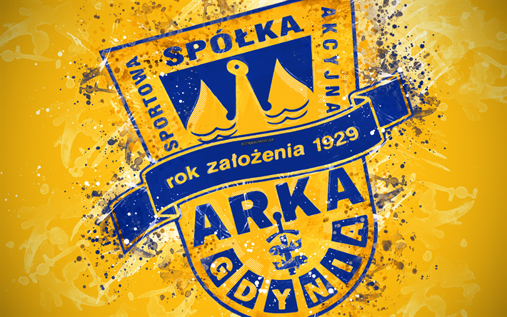 Arka Gdynia, 4k, paint art, logo, creative, Polish football team, Ekstraklasa, emblem, yellow background, grunge style, Gdynia, Poland, football
