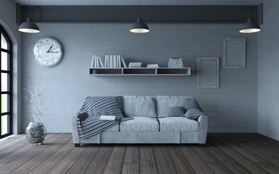 grigio, soggiorno, elegante grigio interni, divano grigio, interni dal design moderno, vivente, stanza