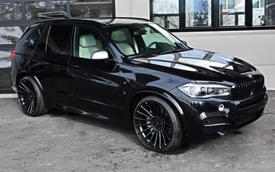 BMW X5, Hamann, F15, M50d, noir SUV de luxe, vue de c&#244;t&#233;, tuning X5, de luxe, des roues noires, nouveau noir X5, voitures allemandes, BMW