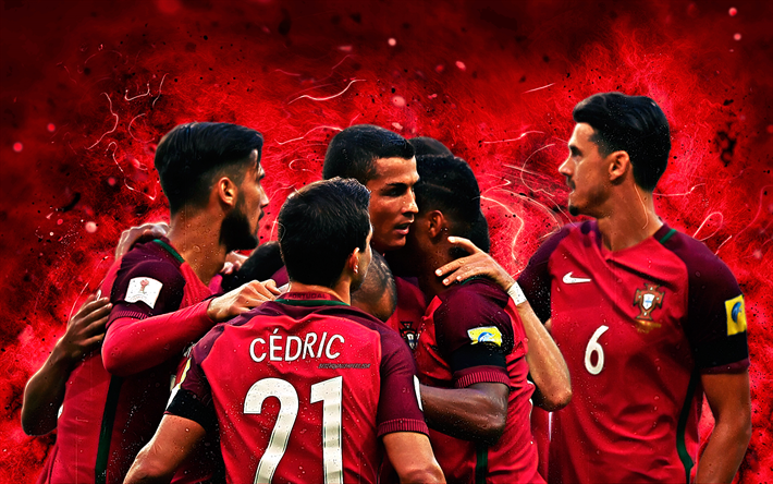 Portugal National Team, goal, Cristiano Ronaldo, Cedric Soares, soccer, CR7, neon lights, Portuguese football team