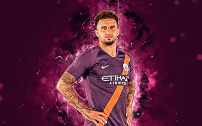 4k, Kyle Walker, violet uniform, English footballer, Manchester City FC, soccer, Walker, Premier League, Man City, neon lights