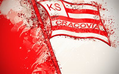 KS Cracovia, 4k, paint art, logo, creative, Polish football team, Ekstraklasa, emblem, red white background, grunge style, Krakow, Poland, football