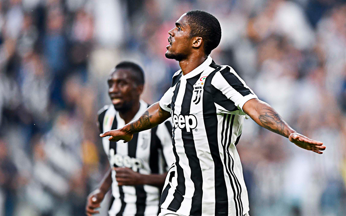 Douglas Costa, 4k, Juventus FC, Serie A, Brazilian footballer, midfielder, new Juventus emblem, Italy, football