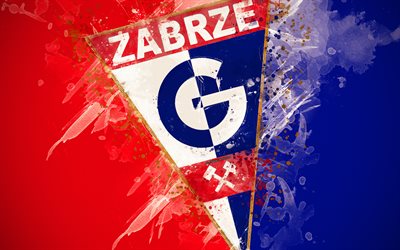 Gornik Zabrze FC, 4k, paint art, logo, creative, Polish football team, Ekstraklasa, emblem, red blue background, grunge style, Zabrze, Poland, football