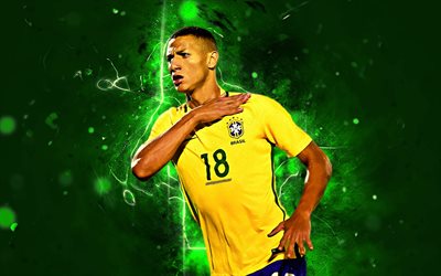 Richarlison, goal, Brazil National Team, football stars, Richarlison de Andrade, soccer, neon lights, Brazilian football team