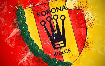 Korona Kielce, 4k, paint art, logo, creative, Polish football team, Ekstraklasa, emblem, red yellow background, grunge style, Kielce, Poland, football