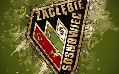 Zaglebie Sosnowiec, 4k, paint art, logo, creative, Polish football team, Ekstraklasa, emblem, green background, grunge style, Sosnowiec, Poland, football
