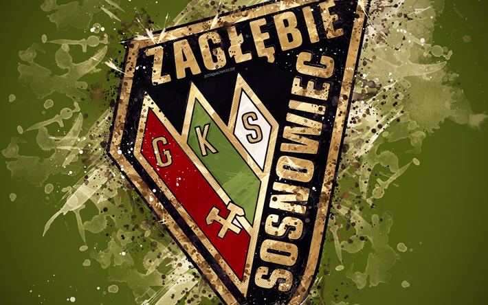 Zaglebie Sosnowiec, 4k, peinture d&#39;art, logo, cr&#233;atif, polonais de l&#39;&#233;quipe de football, Ekstraklasa, embl&#232;me, fond vert, style grunge, Sosnowiec, Pologne, football