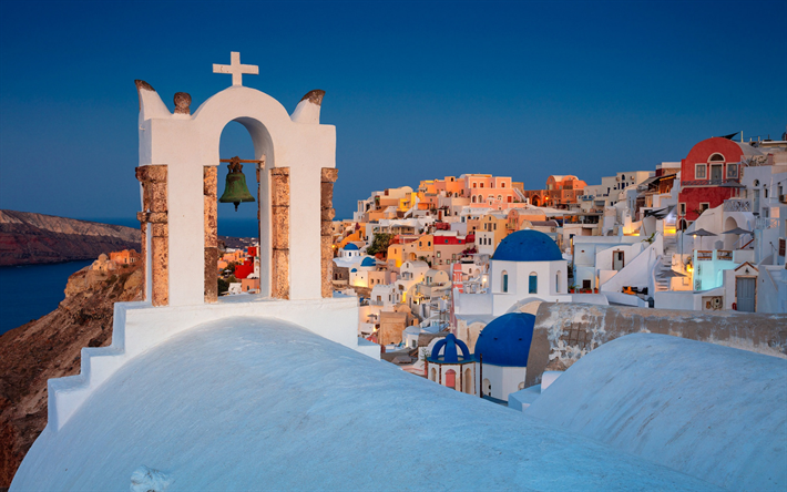 Santorini, Oia, evening, sunset, Greek church, big bell, Aegean Sea, islands, Greece