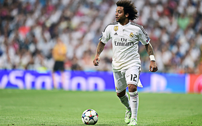 Marcelo, 4K, Brazilian football player, football game, Real Madrid, La Liga, football stadium, Spain, Marcelo Vieira