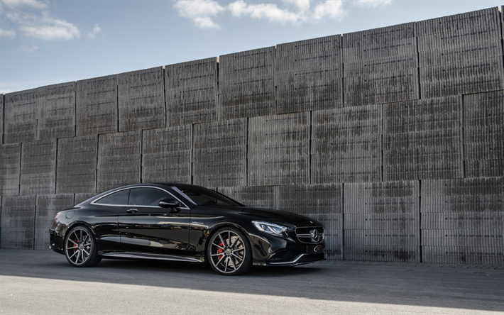 Mercedes-Benz CL63 AMG, 2018, Vossen, side view, black luxury coupe, tuning CL63, German cars, Mercedes