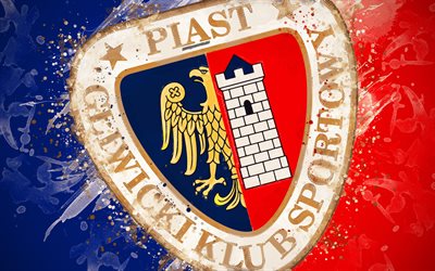 Piast Gliwice, 4k, paint art, logo, creative, Polish football team, Ekstraklasa, emblem, blue red background, grunge style, Gliwice, Poland, football