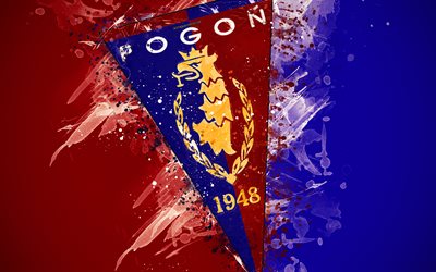 Pogon Szczecin FC, 4k, paint art, logo, creative, Polish football team, Ekstraklasa, emblem, blue red background, grunge style, Szczecin, Poland, football