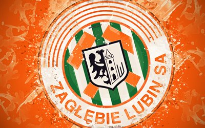 Zaglebie Lubin, 4k, paint art, logo, creative, Polish football team, Ekstraklasa, emblem, orange background, grunge style, Lubina, Poland, football