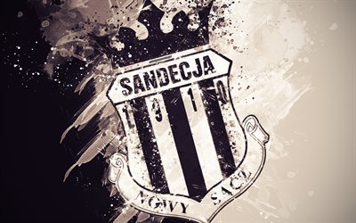 MKS Sandecja Nowy Sacz, 4k, paint art, logo, creative, Polish football team, Ekstraklasa, emblem, white black background, grunge style, Nowy Sacz, Poland, football