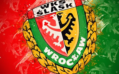 WKS Slask Wroclaw, 4k, paint art, logo, creative, Polish football team, Ekstraklasa, emblem, green red background, grunge style, Wroclaw, Poland, football