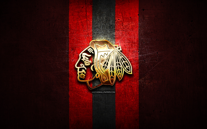 Chicago Blackhawks, kultainen logo, NHL, punainen metalli tausta, american hockey team, National Hockey League, Chicago Blackhawks-logo, j&#228;&#228;kiekko, USA