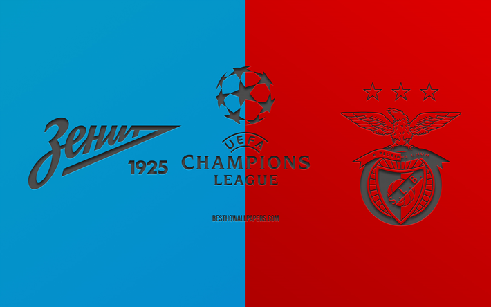 El FC Zenit vs SL Benfica, partido de f&#250;tbol, 2019 de la Liga de Campeones, de promoci&#243;n, de color azul con fondo rojo, arte creativo, la UEFA Champions League, f&#250;tbol, Zenit vs Benfica