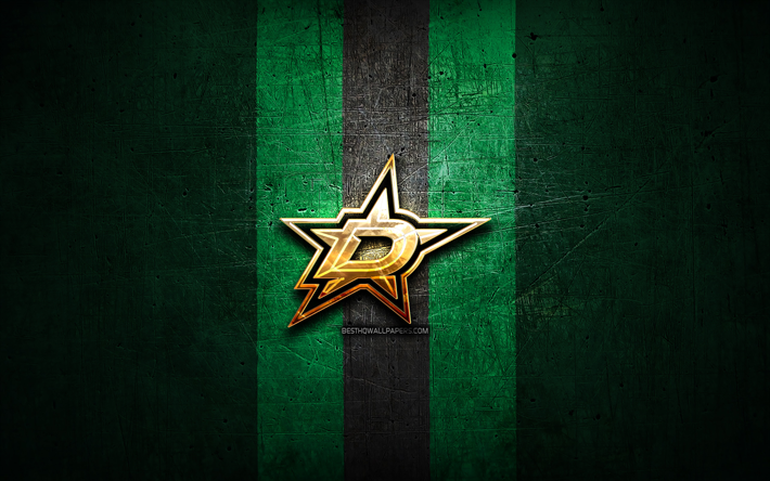 Dallas Stars, golden logo, NHL, green metal background, american hockey team, National Hockey League, Dallas Stars logo, hockey, USA