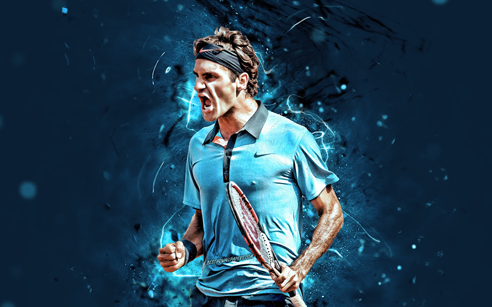 Roger Federer, uniforme blu, svizzera giocatori di tennis, ATP, luci al neon, tennis, Federer, fan art