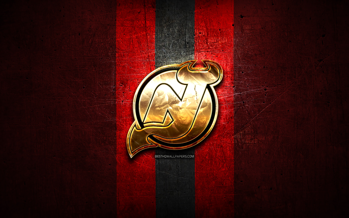 New Jersey Devils, golden logo, NHL, red metal background, american hockey team, National Hockey League, New Jersey Devils logo, hockey, USA