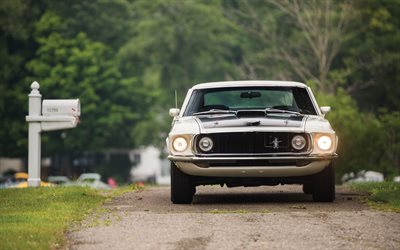 1969, Ford Mustang, Mach I 428 Cobra Jet, front view, retro cars, Muscle Car white sports coupe, American classic cars, Ford