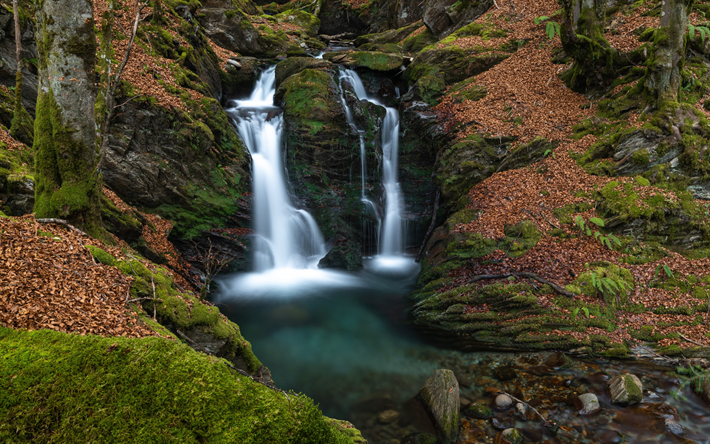 美しい滝, 秋, 湖, 森林, 秋の景観, 秋の滝