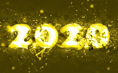 Happy New Year 2020, 4k, yellow neon lights, abstract art, 2020 concepts, 2020 yellow neon digits, 2020 on yellow background, 2020 neon art, creative, 2020 year digits