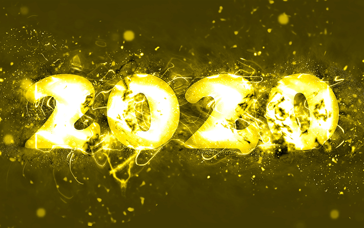 Feliz Nuevo A&#241;o 2020, 4k, el amarillo de las luces de ne&#243;n, el arte abstracto, 2020 conceptos, 2020 amarillo ne&#243;n d&#237;gitos, 2020 sobre fondo amarillo, 2020 de ne&#243;n de arte, creativo, 2020 d&#237;gitos de a&#241;o