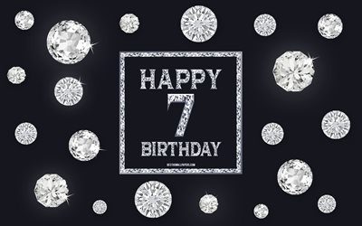 7th Happy Birthday, diamonds, gray background, Birthday background with gems, 7 Years Birthday, Happy 7th Birthday, creative art, Happy Birthday background