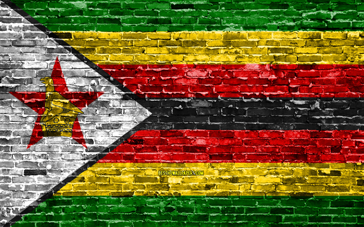 4k, Zimbabwean flag, bricks texture, Africa, national symbols, Flag of Zimbabwe, brickwall, Zimbabwe 3D flag, African countries, Zimbabwe