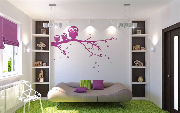 modern stylish interior, childrens room, interior design, minimalism style, drawings on the walls