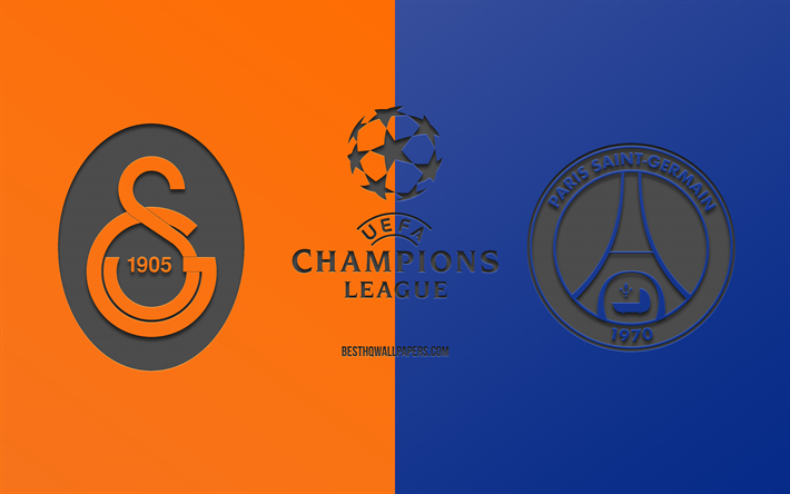 Galatasaray vs PSG, partido de f&#250;tbol, 2019 de la Liga de Campeones, de promoci&#243;n, de naranja a azul de fondo, arte creativo, de la UEFA Champions League, el f&#250;tbol, el Galatasaray