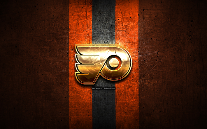 Philadelphia Flyers, golden logo, NHL, arancione metallo, sfondo, americano, squadra di hockey, National Hockey League, Philadelphia Flyers logo, hockey, USA