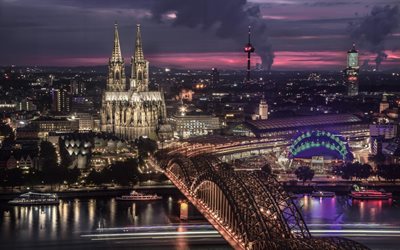 Cologne, Germany, cityscape, Cologne Cathedral, Cathedral Church of Saint Peter, evening, sunset, Cologne skyline