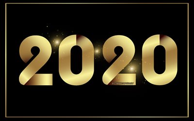 Happy New Year 2020, 2020 Gold Background, black background, gold letters, 2020 golden inscription, 2020, creative art, 2020 concepts