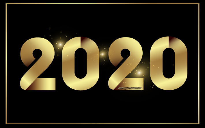 Gott Nytt &#197;r 2020, 2020 Guld Bakgrund, svart bakgrund, guld bokst&#228;ver, 2020 gyllene inskrift, 2020, kreativ konst, 2020 begrepp