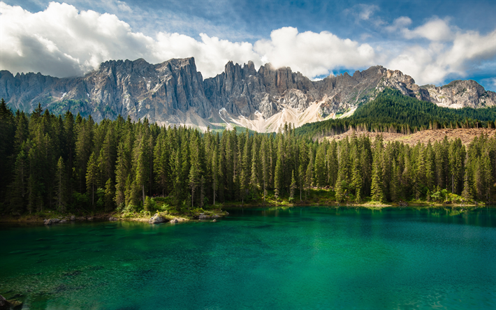 lago de montanha, emerald lake, paisagem de montanha, floresta, turquesa do lago, belas montanhas